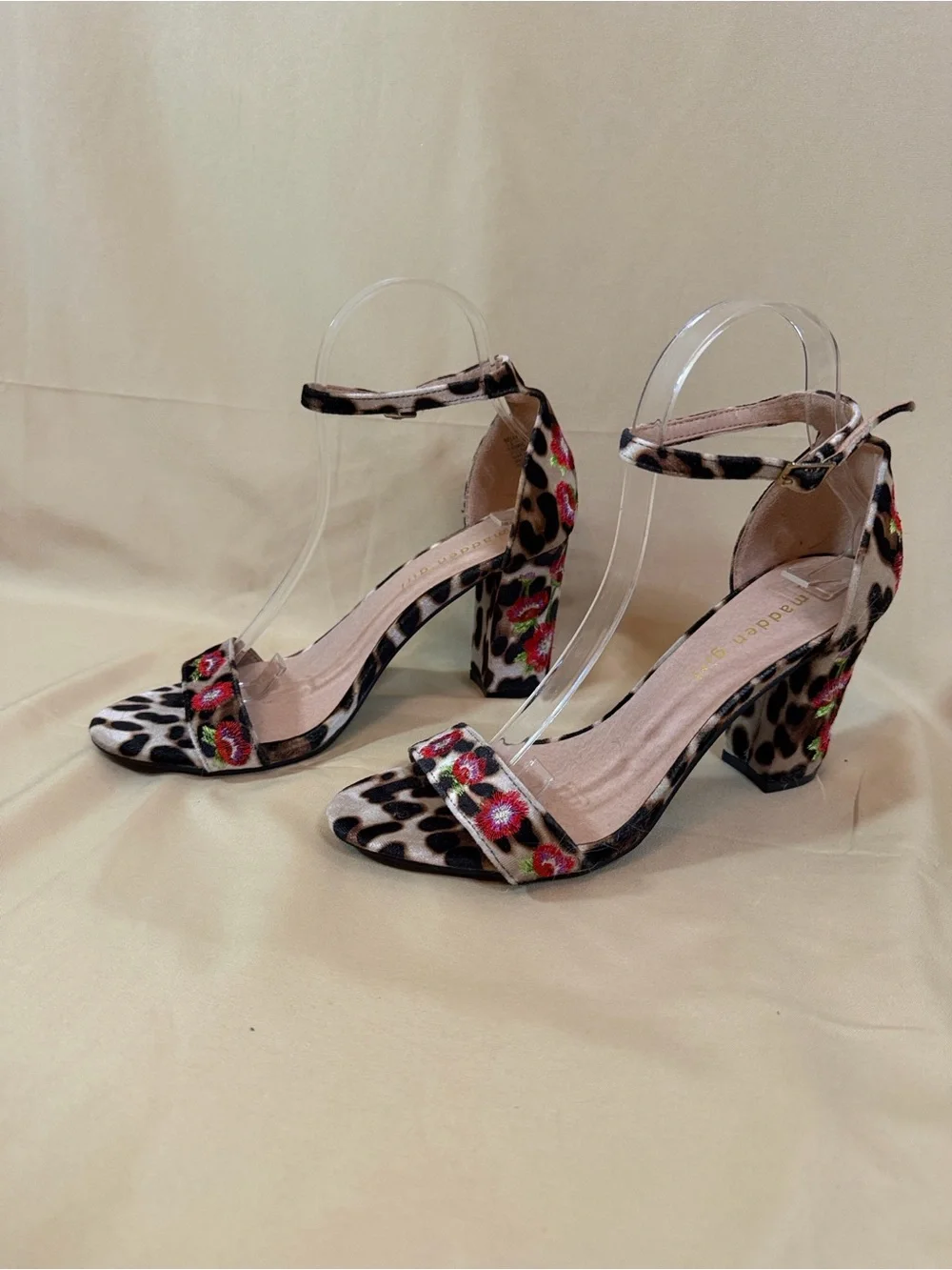 Madden Girl Leopard Print Block Heel Sandals with Floral Accent - Women